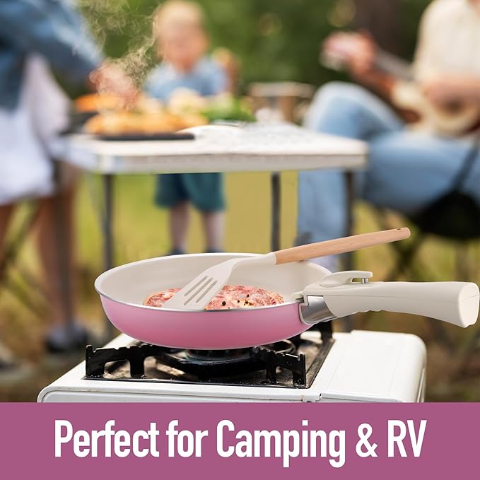20pcs Ceramic Cookware Set Nonstick Detachable Handle Pots and Pans Set Non ToxicNo PFAS &amp PTFE &amp PFOA Dishwasher/Oven Safe RV Kitchen Set Removable Handle for Cooking Pink