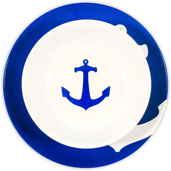 Camco 12 Piece Melamine Dishware Set - Features Blue and White Nautical Design - Includes 4 Bowls 4 Salad Plates &amp $ Dinner Plates - Dishwasher Safe Dish Set (41951)