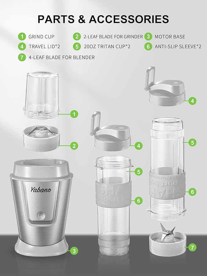Personal Blender Electric Shake Bottle with 2 x 20oz Travel Bottle and Coffee/Spices Jar Portable Shaker Cups for Protein Shakes 500W Single Serve Blender for Shakes and Smoothies Sports(Grey)