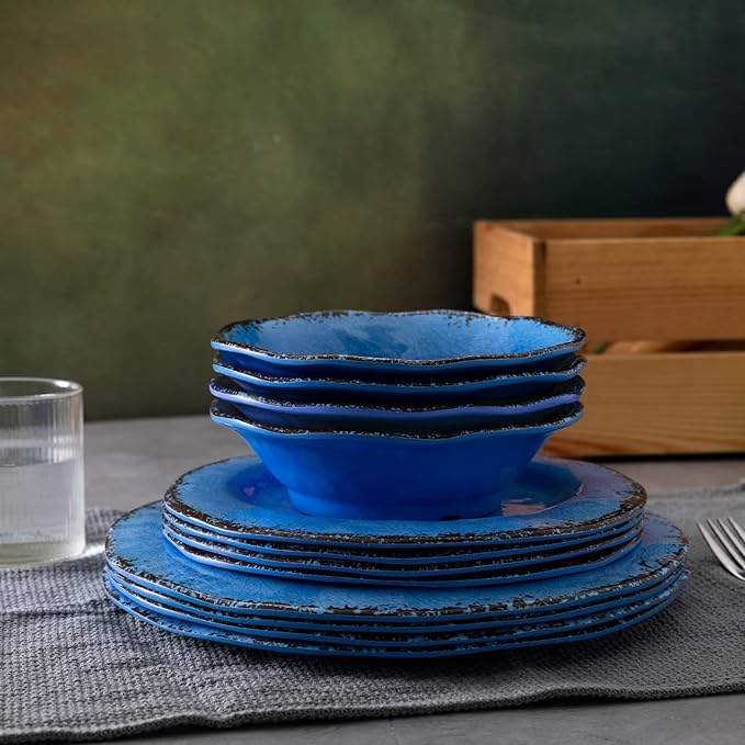 LEHAHA 12 Piece Melamine Dinnerware Set BPA Free Farmhouse Outdoor Dishes Set for 4 A Light Weight and Unbreakable Rustic Plate Bowl Set for Patio RV and Camping