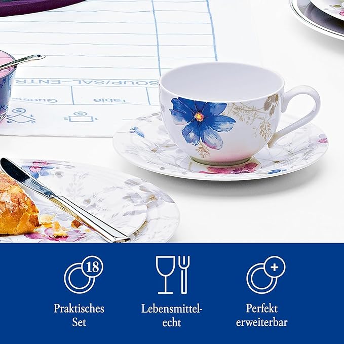 Villeroy &amp Boch Mariefleur Gris Basic Coffee Set for up to 6 People 18 Pieces Premium Porcelain White/Blue/Grey