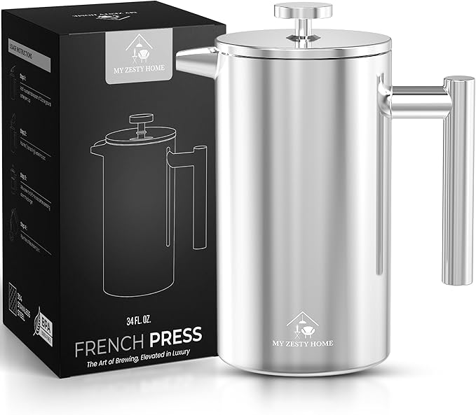 French Press Coffee Maker 304 Stainless Steel 34 Oz Large Double-Walled Insulated French Press 3 Level Filtration System For Kitchen Camping &amp Gifting in Premium Box - Dishwasher Safe