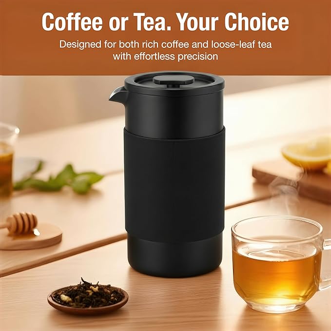 Travel French Press Coffee Maker Set - 12 oz | Portable Travel French Press Coffee Maker | Double Wall Insulated with Dual Stainless Filters &amp 2 Steel Canisters for Grounds Tea Creamer &amp Sug
