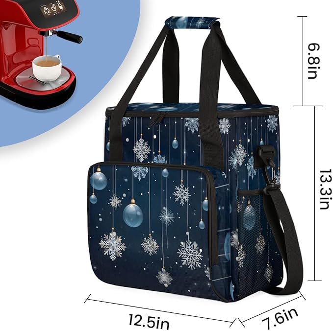 Christmas Snowflakes Coffee Maker Carrying Bag Xmas Snowflakes Travel Storage Bag Compatible with K-Mini or K-Mini Plus Single Serve Coffee Brewer Carrying Case with Pockets &amp Shoulder Strap