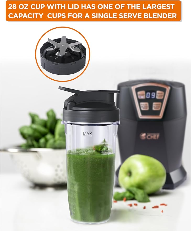 COMMERCIAL CHEF Personal Blender With 3 Modes for Smoothies Shakes &amp More - 1000W With 6 Stainless Steel Blades and LED Display