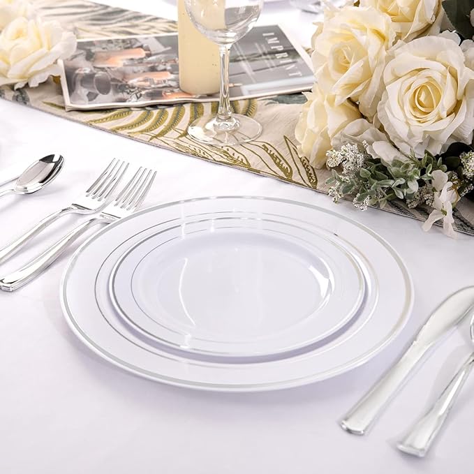 I00000 102pcs Silver Plastic Plates Disposable Plastic Party Plates with White Silver Rim Fancy Wedding Party Plates Include 51 Dinner Plates 10.25 and 51 Dessert Appetizer Plates 7.5