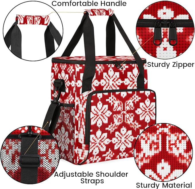 Christmas Snowflake Coffee Maker Carrying Bag Red Ethnic Pattern Travel Storage Bag Compatible with K-Mini or K-Mini Plus Single Serve Coffee Brewer Carrying Case with Pockets &amp Shoulder Strap