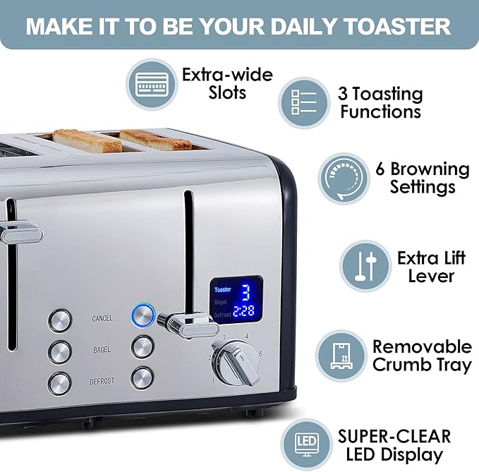 CUSIMAX 4 Slice Toaster Stainless Steel Ultra-Clear LED Display &amp Extra Wide Slots with Dual Control Panels of 6 Shade Settings Cancel/Bagel/Defrost Function Removable Crumb Trays Black