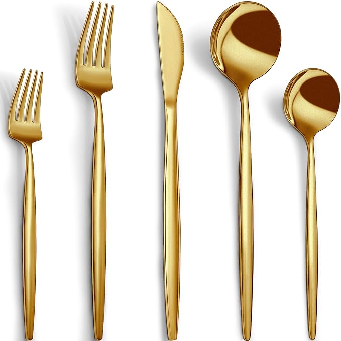 CEKEE Gold Silverware Set 40 Piece Gold Utensils Set Service for 8 Stainless Steel Flatware Set Include Knives Spoons and Forks Cutlery Set for Kitchen Home Restaurant Wedding Satin Finish