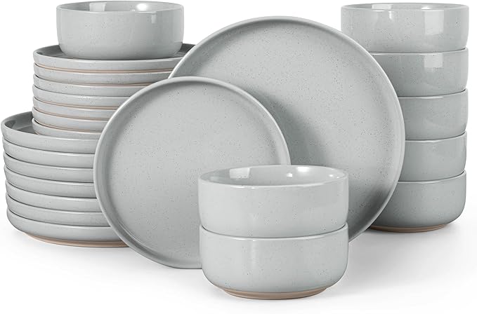 HaWare Stoneware Dinnerware Sets 24-Piece Plates and Bowls Set for 8 Dishes Set for Home Restaurant Speckled Misty Grey