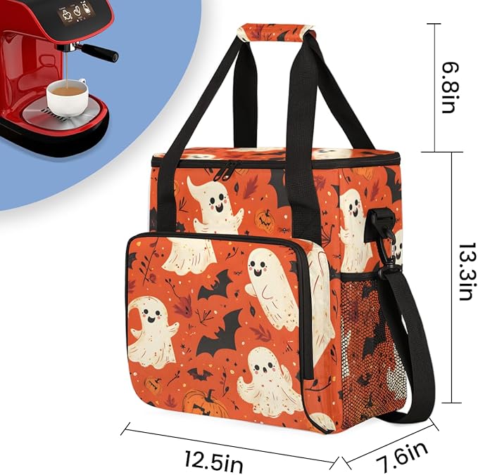 Spooky Ghosts Coffee Maker Carrying Bag Retro Ghosts Travel Storage Bag Compatible with K-Mini or K-Mini Plus Single Serve Coffee Brewer Carrying Case with Multiple Pockets &amp Shoulder Strap