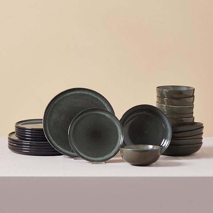 Karaca Fein 24 Piece Reactive Glaze Dinner Set for 6 People Modern Design with Unique Handcrafted Patterns Durable Kitchen Plates and Bowls Sets Stoneware Dinnerware &amp Dishwasher Safe