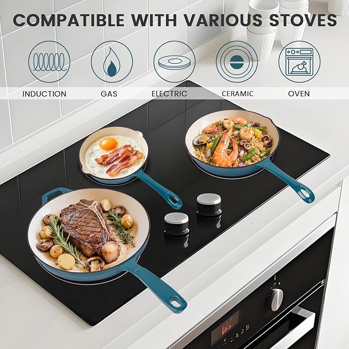 Hisencn Enameled Cast Iron Frying Pan Set 3 Piece Set of Skillets(8''/9.5''/11'') PFAS &amp PTFE &amp PFOA -Free Gas/Induction/Electric/Oven Compatible Biscay Blue