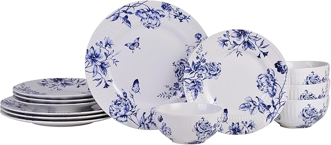 222 Fifth 12-Piece Porcelain Dinnerware Set for 4 White &amp Blue Plates and Bowls Set Glossy Ceramic Dish Set with Embossed Toile Pattern Elegant Kitchen Dishes Microwave &amp Dishwasher Safe