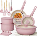 Astercook 21 Pcs Pots and Pans Non Stick Ceramic Cookware Set Detachable Handles RV Kitchen Cooking Set Oven Safe Induction Ready Stackable Pink