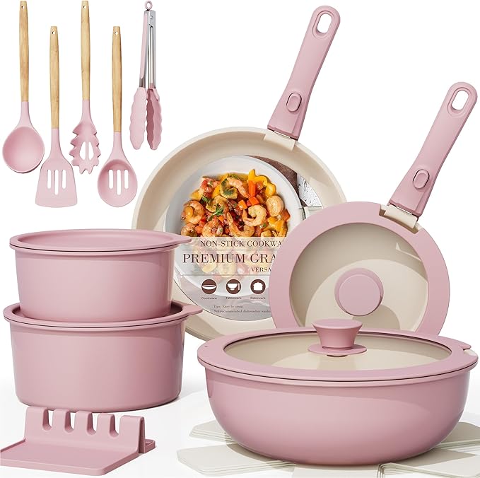 Astercook 21 Pcs Pots and Pans Non Stick Ceramic Cookware Set Detachable Handles RV Kitchen Cooking Set Oven Safe Induction Ready Stackable Pink