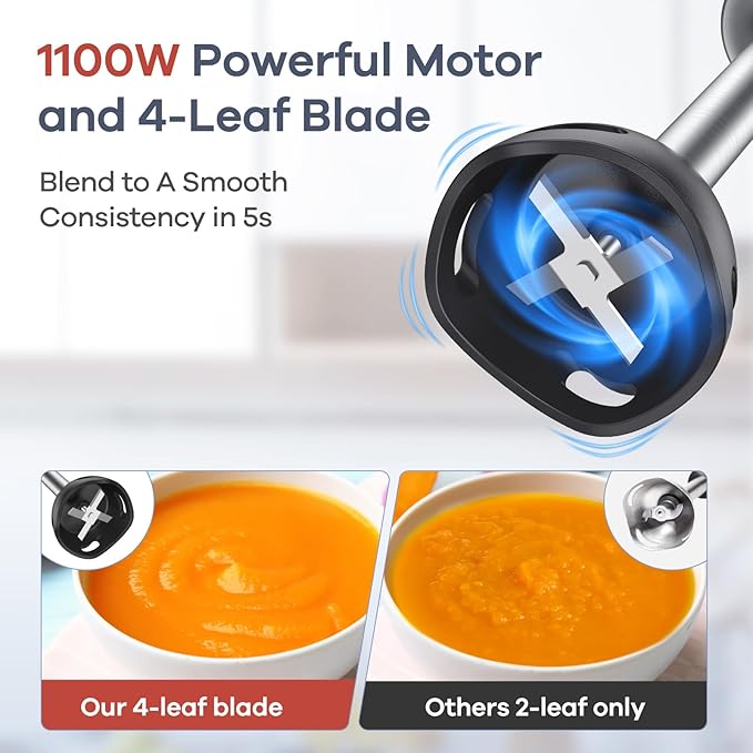 Ganiza Immersion Blender Handheld 6 in 1 Hand Blender Stainless Steel Blade 15 Speed Stick Blenders 800ml Mixing Beaker 600ml Chopper Whisk Frother Potato Masher Red
