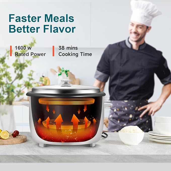 Commercial Rice Cooker Large Capacity 30-Cup (UnCooked) 60-Cup (Cooked) with One Touch Operation and 12-Hour Keep Warm Easy to Use and clean 1600W White
