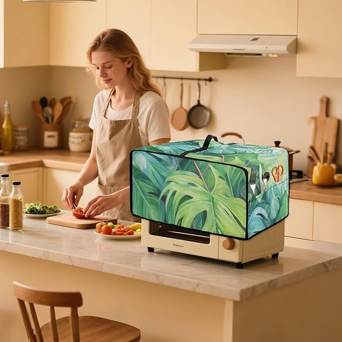 Mumeson Palm Leaves Bread Machine Cover with Multi Pocktes Small Kitchen Appliance Toaster Oven Cover with Top handle Home Decor Fingerprint Protection
