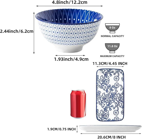 12 Pcs Ceramic Dinnerware - 12 OZ Dessert Bowls and 8 IN Rectangle Serving Platter Set - Service for 6 - Vintage Blue