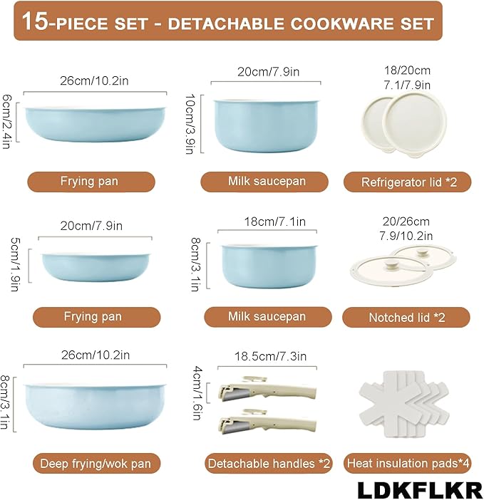Multi-Piece Detachable Cookware Set Non-Stick Pots and Pans Set with Removable Handles Cooking Set Oven Safe Stackable Universal for All Stoves15PcBlue