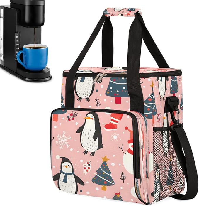 Christmas (583) Coffee Maker Carring Bag Travel Carrying Storage Tote Bag Compatible with Keurig K-Mini or K-Mini Plus Portable Single Serve Coffee Brewer Case with Pockets for K-cup Pods
