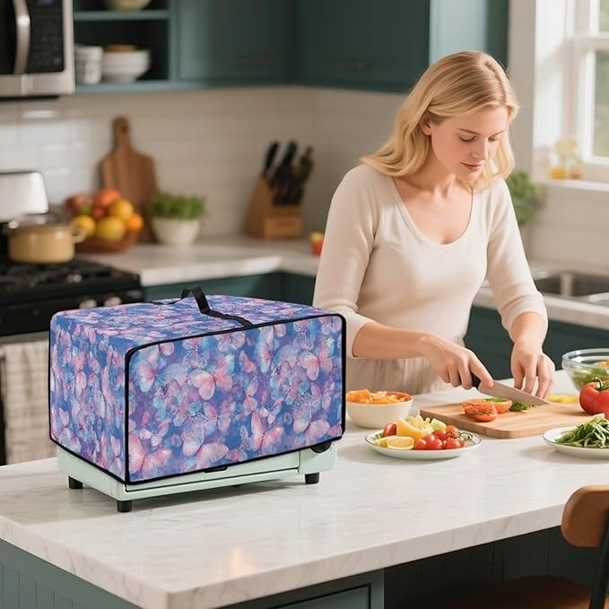 Butterfly Print Toaster Oven Covers for Kitchen Counter Decor Heavy Duty Toaster Oven Air Fryer Cover Washable Kitchen Small Appliance Protector with Side Pockets Pink and Blue