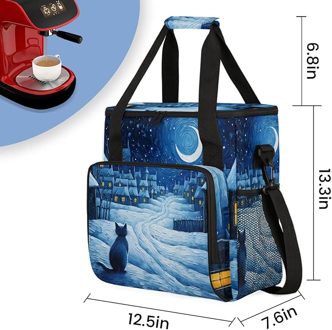 Winter Village Cat Coffee Maker Travel Bag for Keurig K-Mini/K-Mini Plus Insulated Waterproof Tote with Pockets for K-Cup Portable Single-Serve Brewer Case