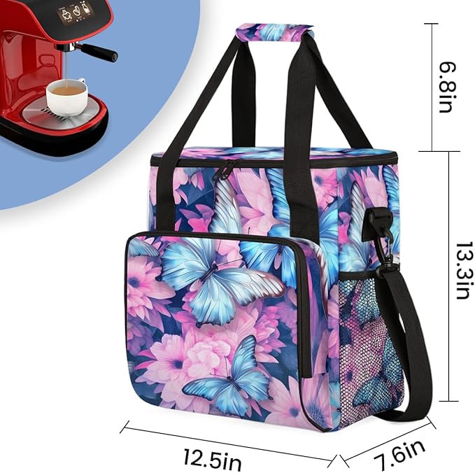 Watercolor Butterfly Coffee Maker Carrying Bag Flowers Butterfly Travel Storage Bag Compatible with K-Mini or K-Mini Plus Single Serve Coffee Brewer Carrying Case with Pockets &amp Shoulder Strap