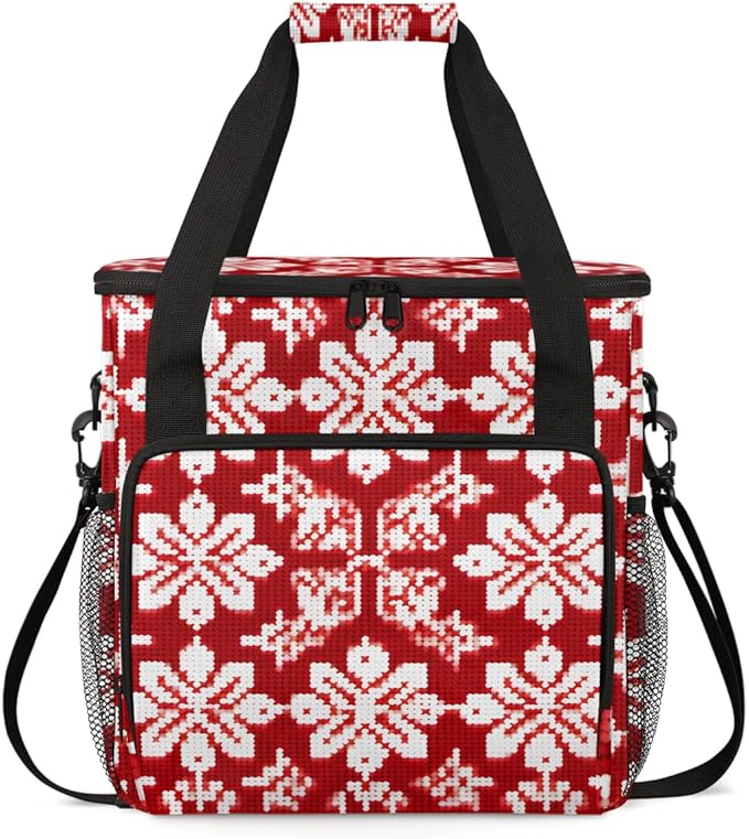 Christmas Snowflake Coffee Maker Carrying Bag Red Ethnic Pattern Travel Storage Bag Compatible with K-Mini or K-Mini Plus Single Serve Coffee Brewer Carrying Case with Pockets &amp Shoulder Strap