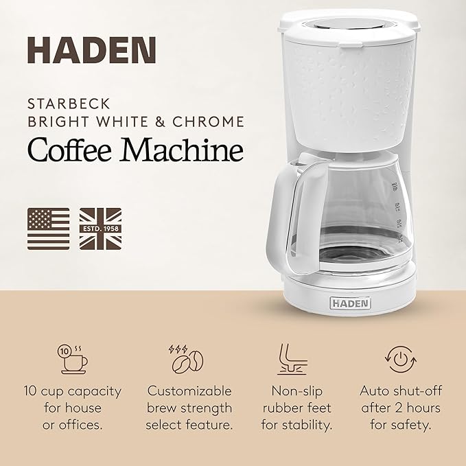 HADEN Starbeck Coffee Machine 10 Cup Automatic Drip Coffee Maker with Anti-Drip Function and Reusable Washable Water Filter White &amp Chrome