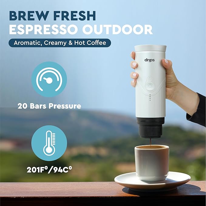 drips Portable Electric Espresso Machine with 3-4 Minute Self-Heating 20 Bar Mini Coffee Maker Compatible with NS Capsule &amp Ground Coffee for Camping Travel Hiking Office (Matte Black)