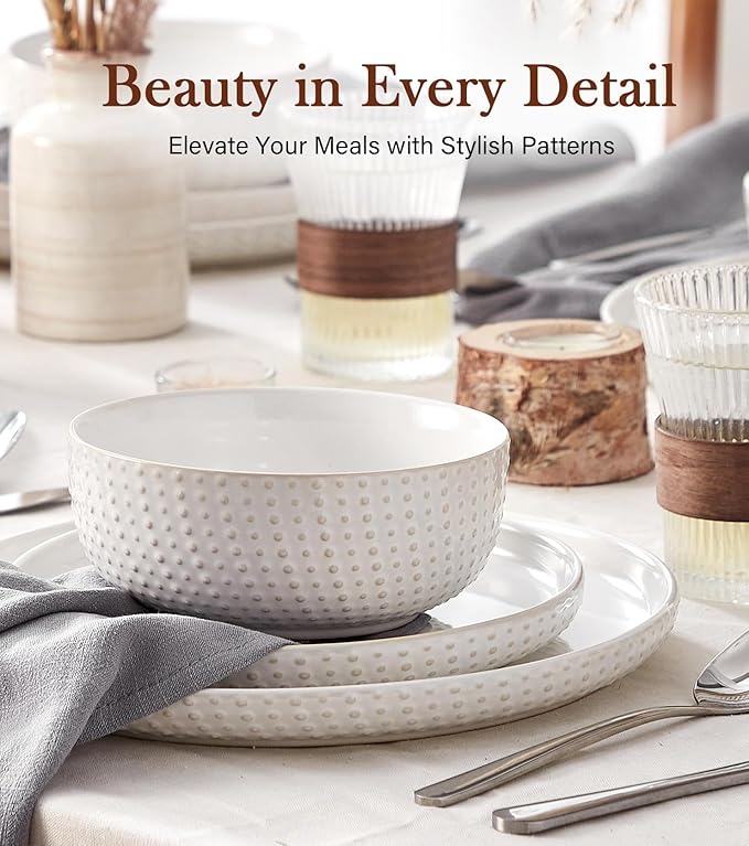 24 Piece Dinnerware Sets for 8 - Farmhouse Style Stoneware Plates and Bowls Sets - Scratch Resistant &amp Dishwasher Safe Embossed Boho Ceramic Dish Set Stack Compactly Dishware - Vintage White