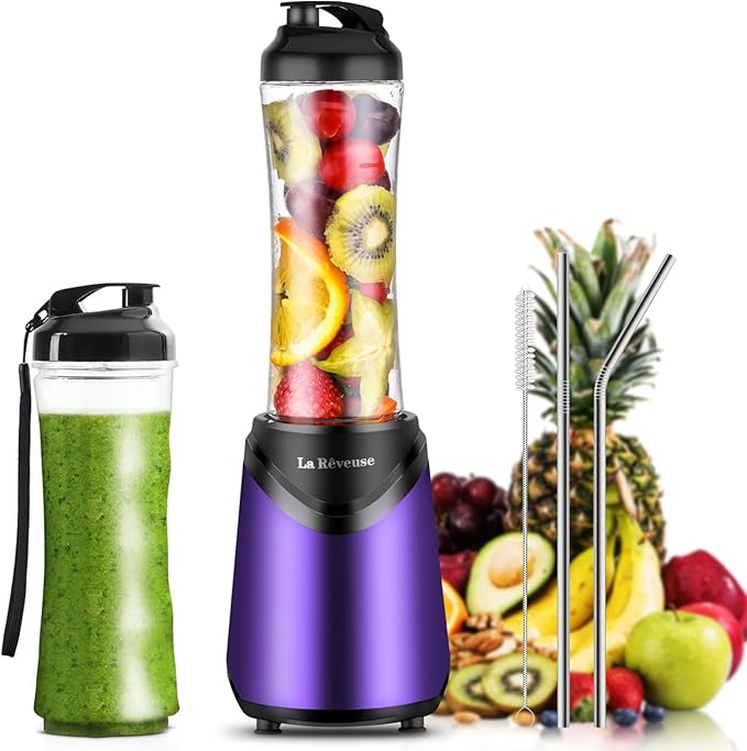 La Reveuse Smoothie Blender Personal Size 300 Watts with 2 Pieces 18 oz BPA-free Travel Sports BottlesPurple