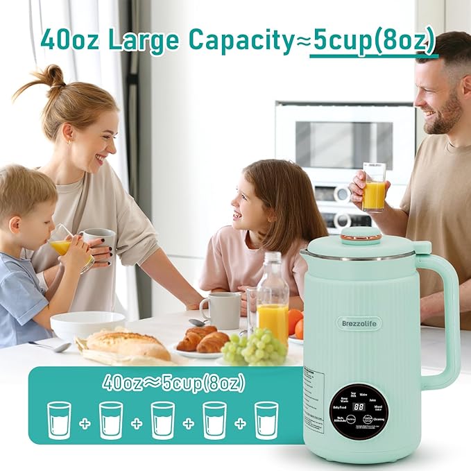 Nut Milk Maker40oz Large Capacity Stainless Steel Automatic Soy Milk Machine for HomemadeOatPlant-Based Milk and Non-Dairy Beverages Almond Cow Milk Machine with Delay StartSelf Cleaning (Green)