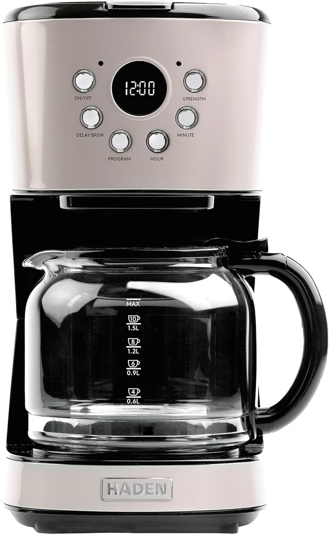 Haden 12-Cup Programmable Coffee Maker for Home or Office Putty &amp Chrome – Drip Brewer Machine with Brew Strength Delay Brewing Auto Shut-Off and Reusable Washable Water Filter