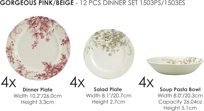 Tudor Royal Collection 12-Piece Premium Quality Porcelain Dinnerware Set Service for 4 - GORGEOUS PINK See More Designs Inside!