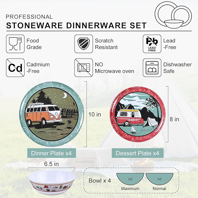 Melamine Dinnerware Sets 12pcs Plates and Bowls Sets Service for 4 Indoor and Outdoor use Dish Set break-resistant (red car)