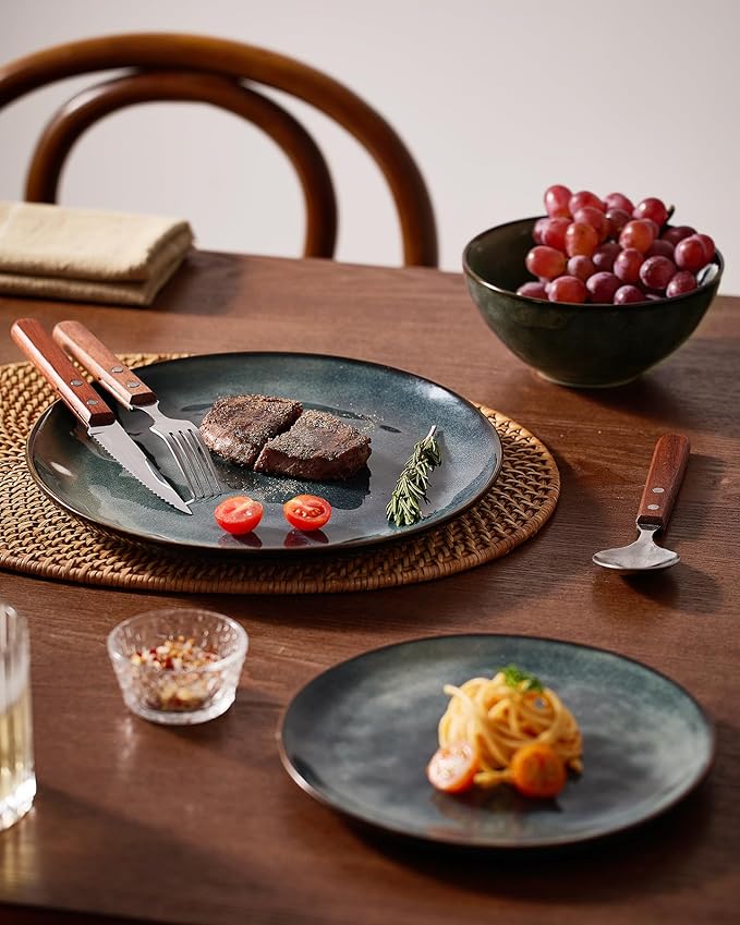 Famiware Dinnerware Sets for 4 Ocean Round 12-Piece Kitchen Plates and Bowls Sets Reactive Glaze Microwave and Dishwasher Safe Scratch Resistant Deep Forest