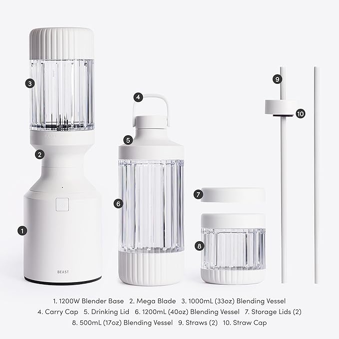 Beast Mega 1200 Plus | Premium Countertop Blender | Smoothies Shakes Sauces Dips Soups | Blends Ice and Frozen Fruit | XL Vessel | With Extra Vessels Straw System | 1200W | (Cloud White 120V)