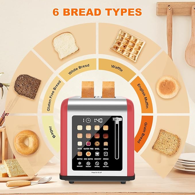 2 Slice Toaster Touch Screen Stainless Steel Toasters Digital Timer 2 Slot Toasters 8 Shade Settings 6 Bread Types for Bagel Cancel Defrost (Red)