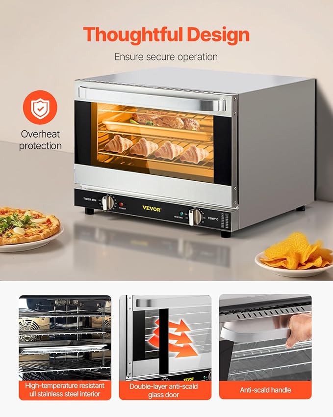 VEVOR Commercial Convection Oven 21L/19Qt Quarter-Size Conventional Oven Countertop 1440W 3-Tier Toaster w/Front Glass Door Electric Baking Oven w/Trays Wire Racks Clip Gloves 120V