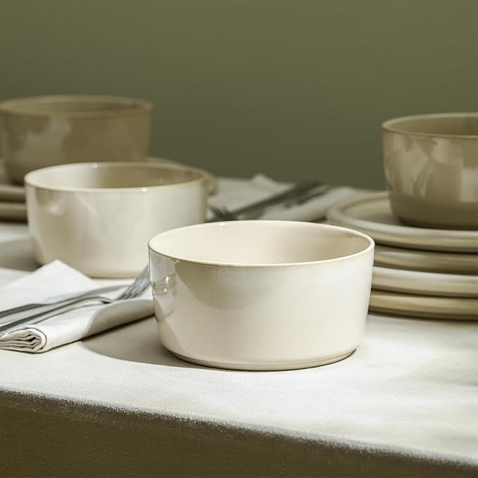 Stone Lain Eden 12-Piece Dinnerware Set Stoneware Plates and Bowls Set Dishwasher and Microwave Safe Dish Dish Set for 4 Beige
