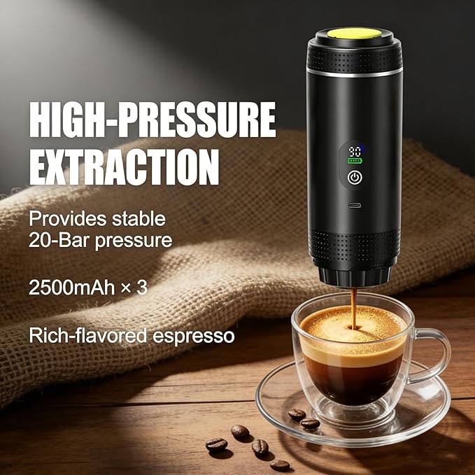 Cordless 20 Bar Auto-Heat Coffee Maker 3-in-1 Espresso Machines &amp Coffee Machine for Powder/Capsules Rechargeable Portable for Camping Travel RV Office (black)