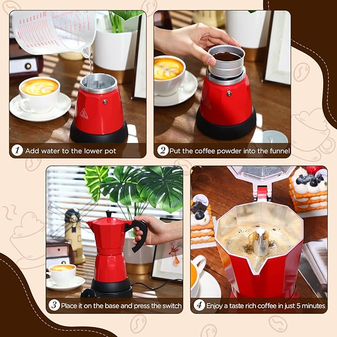 Coffee Pot 6 Cup Electric Espresso Coffee Maker Italian Moka Maker 300ml Portable Aluminum Espresso Machine Cafetera Moka Pot with Detachable Base Gift for Home Travel(Red)