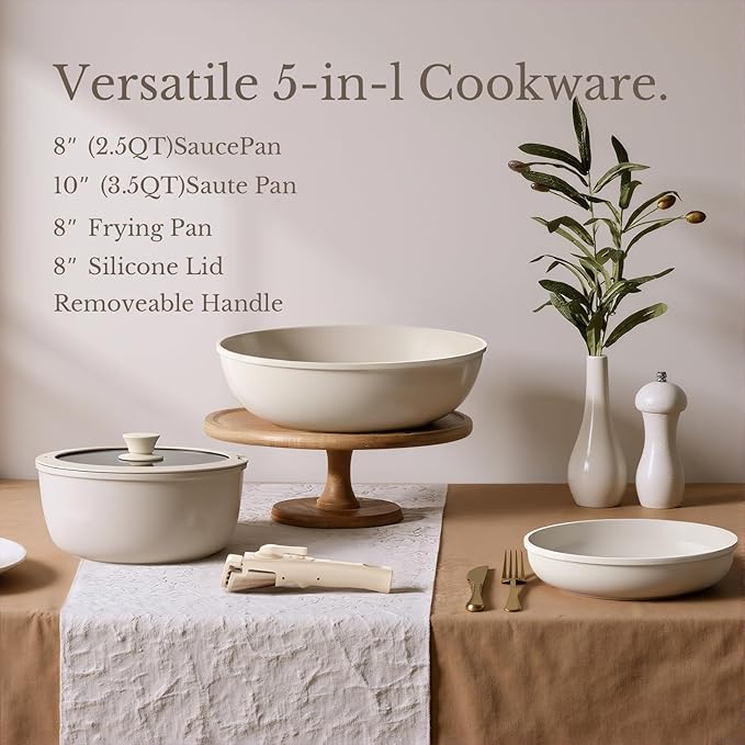 Pots and Pans Set Non Stick Ceramic Cookware Set Detachable Handle RV Camping Kitchen Cooking Set Removable Handles Dishwasher/Oven/Fridge Safe Induction Space SavingCream White