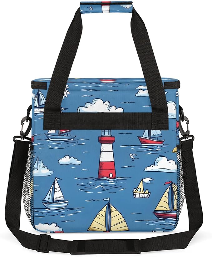 Cartoon Ocean Ship Coffee Maker Travel Bag for Keurig K-Mini/K-Mini Plus Insulated Waterproof Tote with Pockets for K-Cup Portable Single-Serve Brewer Case