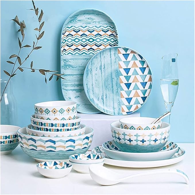 Porcelain Dinnerware Sets Plates and Bowls Sets Ceramics Dinner Sets Blue Patterns Porcelain Dinnerware Set of 42 | Cereal Bowl and Steak P