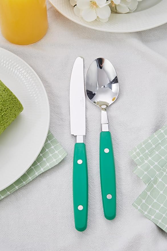 ANNOVA Silverware Set Retro/Rivet Colorful Stainless Steel Tableware Kitchen Flatware Set Utensils Includes Dinner Knives Forks Spoons Salad Forks &amp Dessert Spoons (Green 20 Pieces)