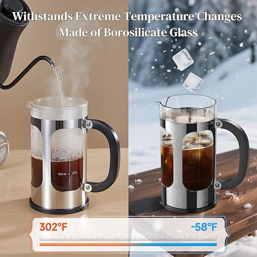 Veken French Press Coffee Maker 34oz 1 L No Plastic Touching Cafe Heat Resistant Thickened Borosilicate Glass Stainless Steel Brewer Cold Brew Cafetera Teapot for Kitchen Travel Camping Silver